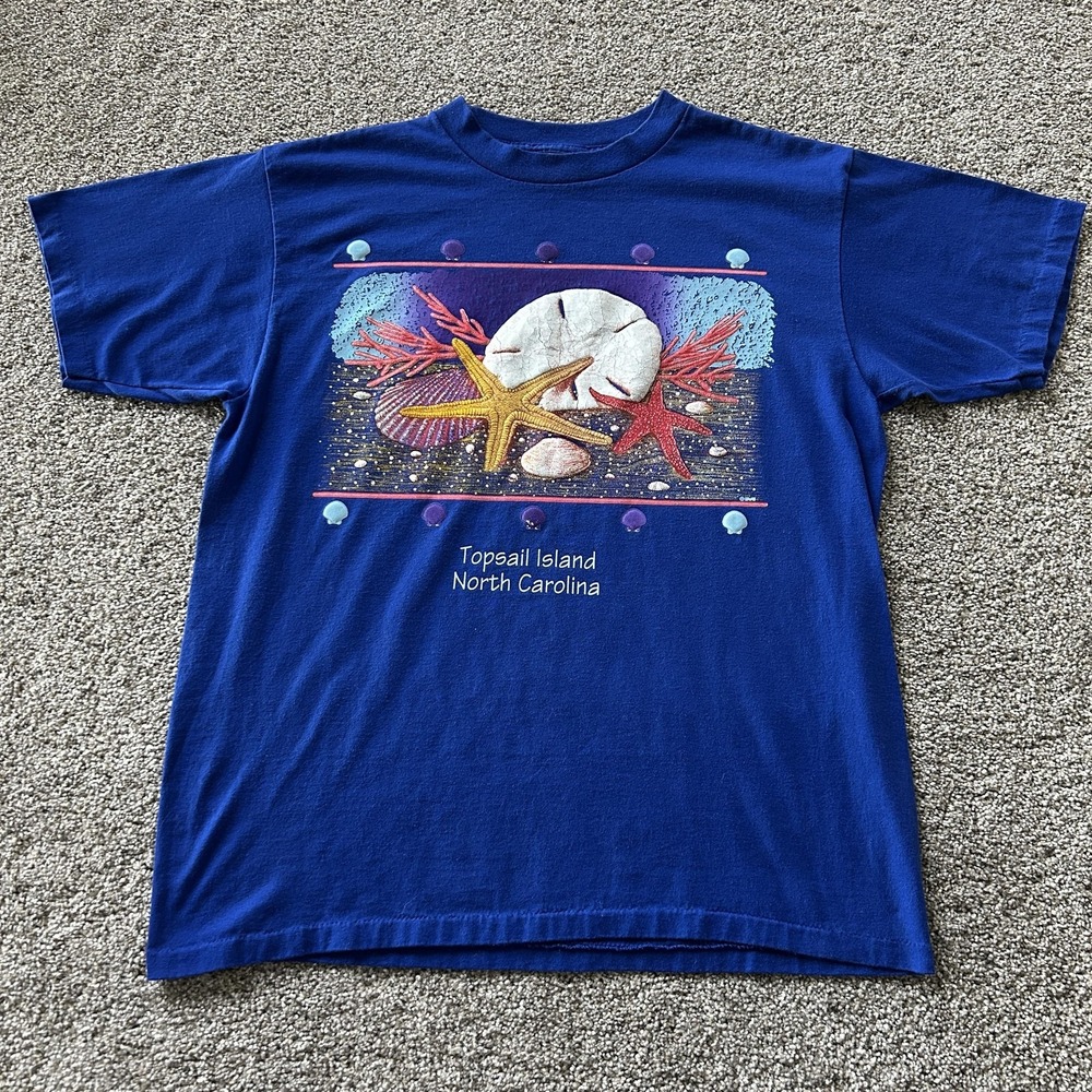 Vintage Sunshine Apparel Topsail Island Shirt Mens Large Blue Beach Tee T-Shirt